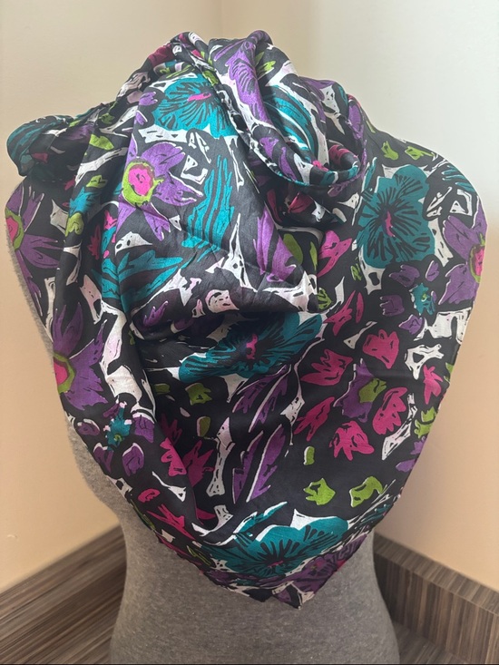 Accessories - Floral Print Black Silk Scarf with Teal & Purple Accents